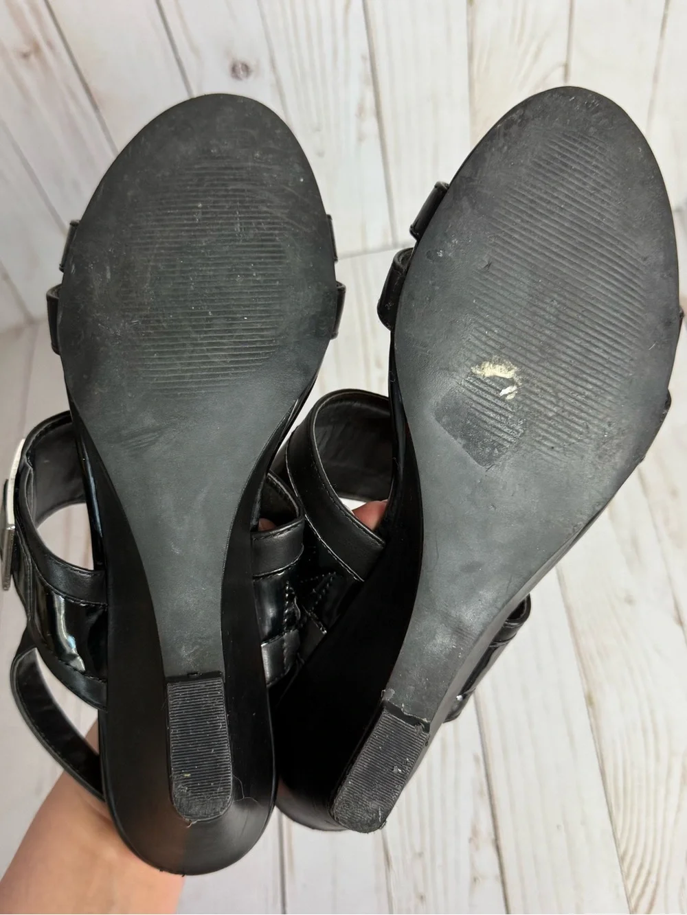 Coach and Four Black Patent Leather Wedge Sandals Open Toe Slingback Buckle